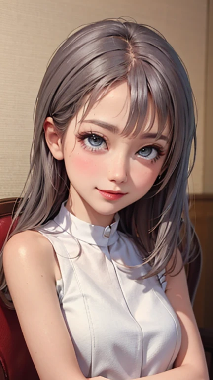 blush a little and smile, (Top quality masterpiece:1.2) Delicate illustrations, Very detailed, /Beautiful Japanese Women、1 person,Very cute and slim、Great style 、((8K images、super high quality))、Very delicate face, Skin and Hair、beautifule forehead、Red lipstick、(((((Mid-length hair、Silver Hair、lure))))),Very cute Japanese cut face、Eyes and nose are clearly visible、Kind eyes,((((Sleeveless fashion))))