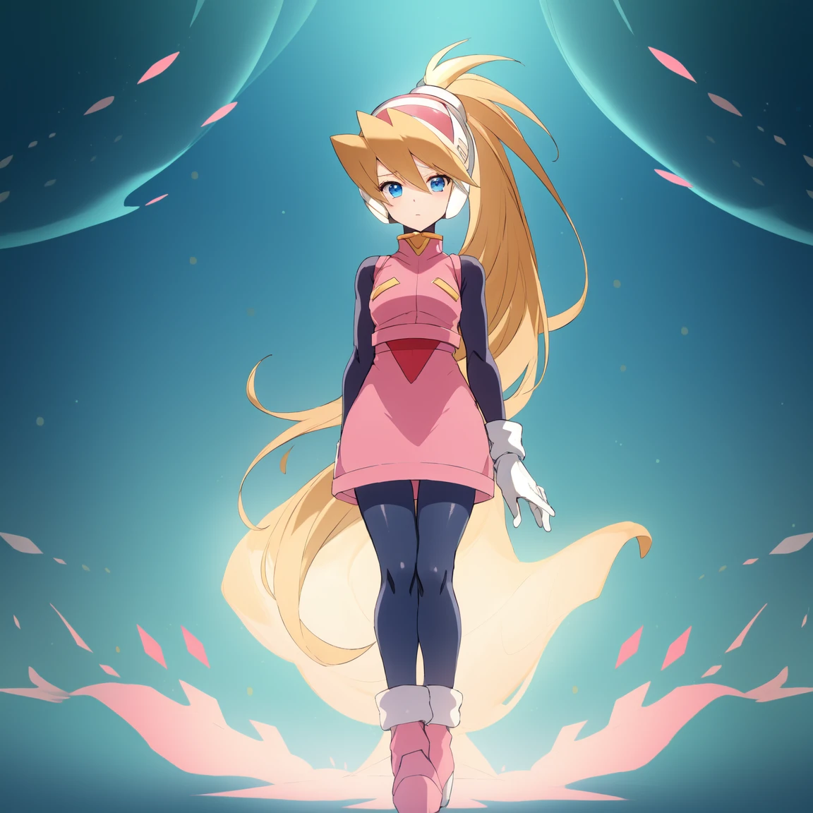 ciel_megamanz, 1girl, solo, long hair, blue eyes, blonde hair, ponytail, headgear, pantyhose, white gloves, pink dress, high quality, masterpiece, standing with green flames coming from a tree
