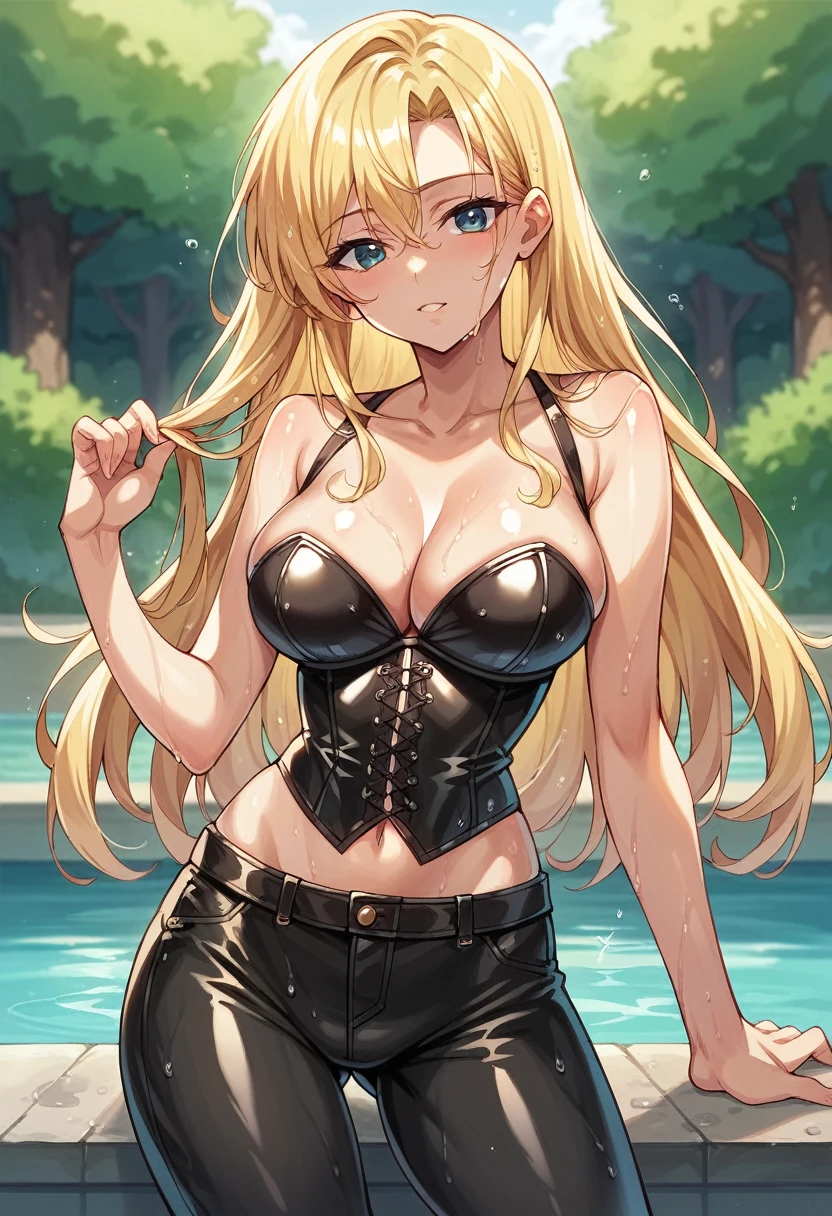 Close-up of a woman in a black top and black pants, Black Leather Bra, leather top, Blonde Goddess, Shiny magazine photoshoot, Wearing a leather corset, Wet look, Gorgeous blonde, Wearing a black latex outfit, Shiny, Sexy Girl with long blonde hair, Shiny surface, Shiny and drippy, humid, Shiny油を塗った, Blonde woman, Sexy Girl