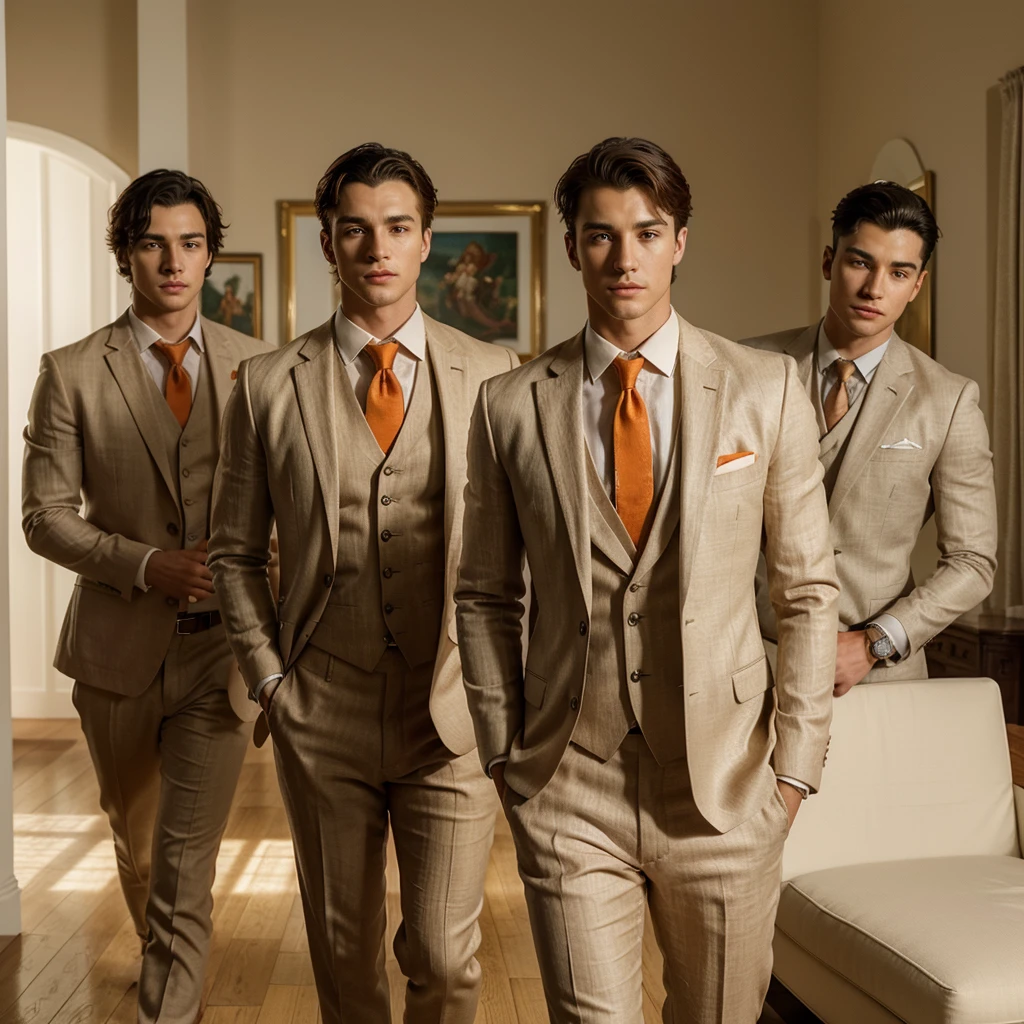 Three 25-year-old boys, with a masculine appearance, wearing a linen orange suit. The scene depicts a masterpiece of art, showcasing the boy's professional and wealthy lifestyle. The image is of the best quality, with ultra-detailed features. The color tone is rich and vibrant ,masterpiece, ultra realistic, detailed face, detailed fingers,studio lighting