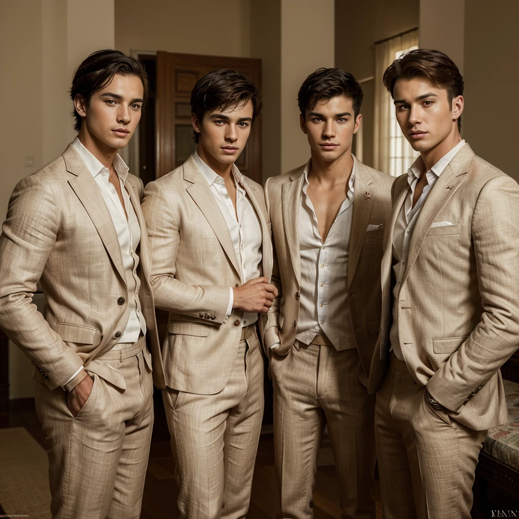 Three 25-year-old boys, with a masculine appearance, wearing a linen orange suit. The scene depicts a masterpiece of art, showcasing the boy's professional and wealthy lifestyle. The image is of the best quality, with ultra-detailed features. The color tone is rich and vibrant ,masterpiece, ultra realistic, detailed face, detailed fingers,studio lighting