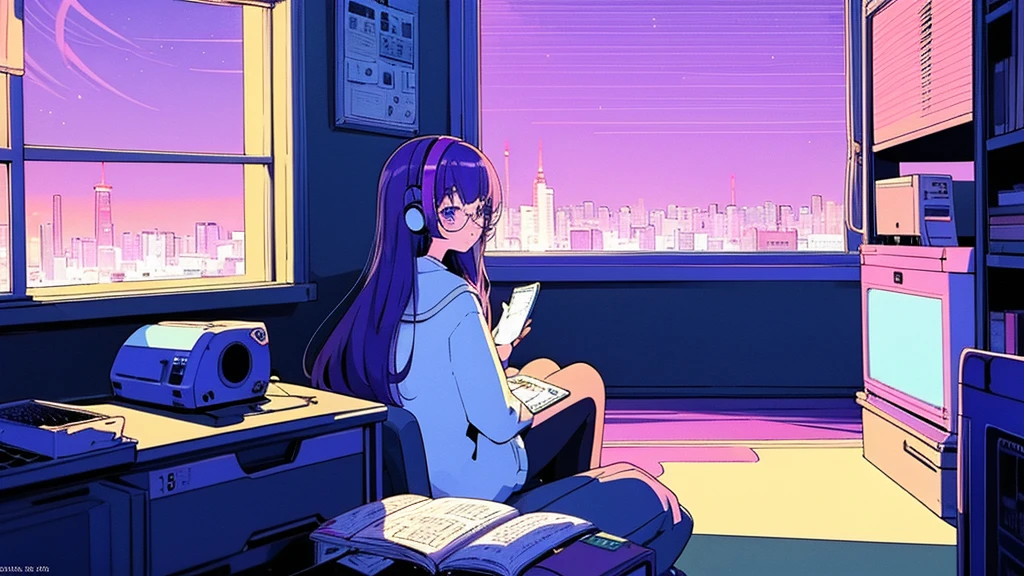 (from behind), Anime girl sitting in front of a computer in a cozy bedroom, Girl listening to music while studying in a cozy room (night), round glasses, Using headphones, on the roof, (beautiful night views from windows), lots of things, 2D anime style, The aesthetics of anime in the 90s, lo-fi, long hair, very detailed, Hard disk, A mix of anime style and Fujifilm, surreal, 8K, masterpiece, violet eyes,black gloves, round glasses, long sleeves,violet hair, Flat Chest, smile, pantyhose