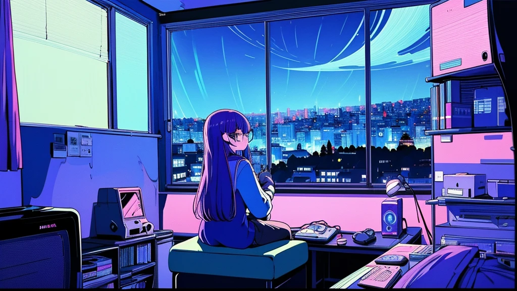 (from behind), Anime girl sitting in front of a computer in a cozy bedroom, Girl listening to music while studying in a cozy room (night), round glasses, Using headphones, on the roof, (beautiful night views from windows), lots of things, 2D anime style, The aesthetics of anime in the 90s, lo-fi, long hair, very detailed, Hard disk, A mix of anime style and Fujifilm, surreal, 8K, masterpiece, violet eyes,black gloves, round glasses, long sleeves,violet hair, Flat Chest, smile, pantyhose