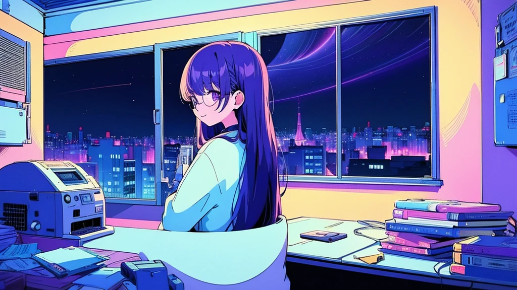 (from behind), Anime girl sitting in front of a computer in a cozy bedroom, Girl listening to music while studying in a cozy room (night), round glasses, Using headphones, on the roof, (beautiful night views from windows), lots of things, 2D anime style, The aesthetics of anime in the 90s, lo-fi, long hair, very detailed, Hard disk, A mix of anime style and Fujifilm, surreal, 8K, masterpiece, violet eyes,black gloves, round glasses, long sleeves,violet hair, Flat Chest, smile, pantyhose