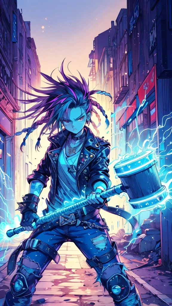 teenager girl with dreadlocks and a determined expression, dressed in a punk rock outfit with ripped jeans and a leather jacket, stands in a neon-lit alleyway. They clutch a massive warhammer in both hands, sparks flying as they unleash a crackling current of electric blue energy from their fingertips