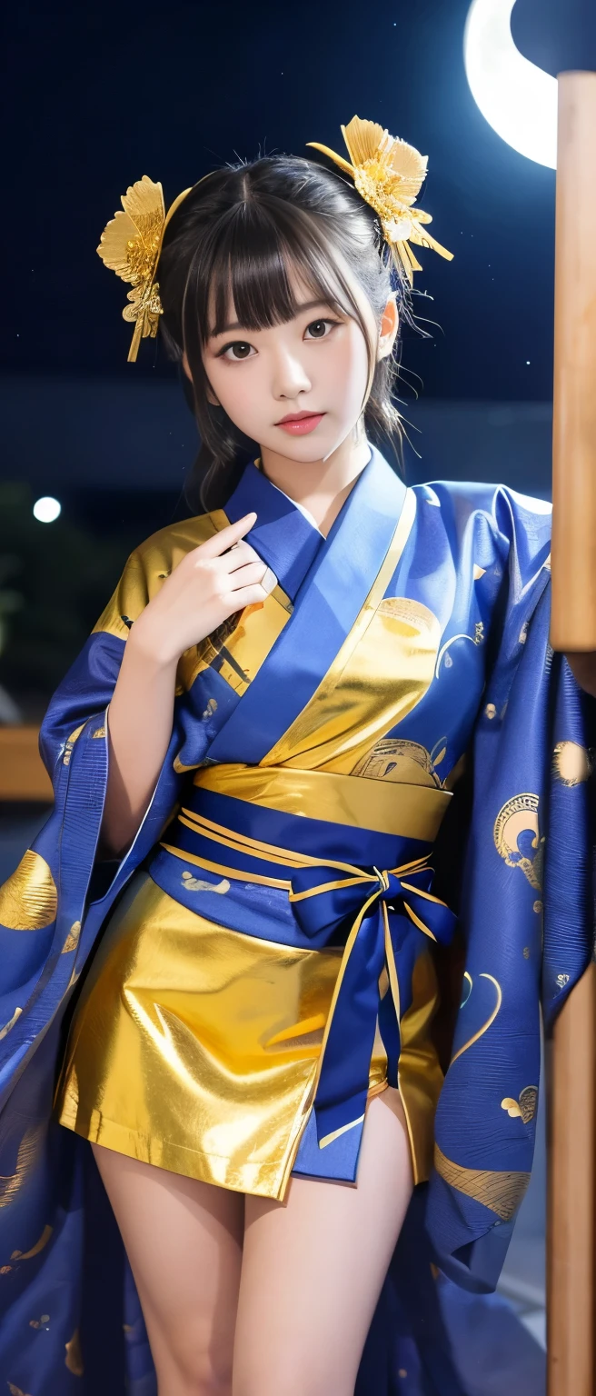 A cute and mysterious idol girl、whole body、Good style、、、、、、、、、、Thick legs、、Gold and blue mini kimono(Wave Print)、Neat and clean idol face、、、Moonlit Night、Has a glowing spear