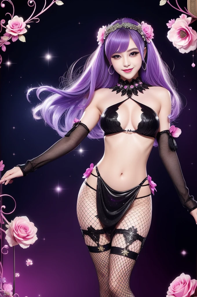 sexy woman who controls poison、beautiful smile、lip-gloss、long lashes、smokey eye-makeup、full body Esbian、、sparkling poisoned flower costume、、、、sparkling Colorful hair、secrete poison、skull hair accessories、fishnet tights、flowers background