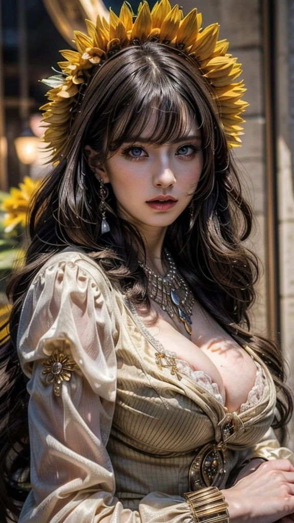 (  Absurdly , high quality , Super detailed:1.2 ) ,( Handcrafted details ) , (Highly detailed beautiful face:1.2),One girl, alone, mature, Very long hair, Sunflower Hair , Beautiful crystal eyes ( Eye details :1.2) Baroque, necklace, Long dress, Long sleeve, elegant, colorful, Most detailed, ((Upper Body )), ((Natural big breasts:1.4))