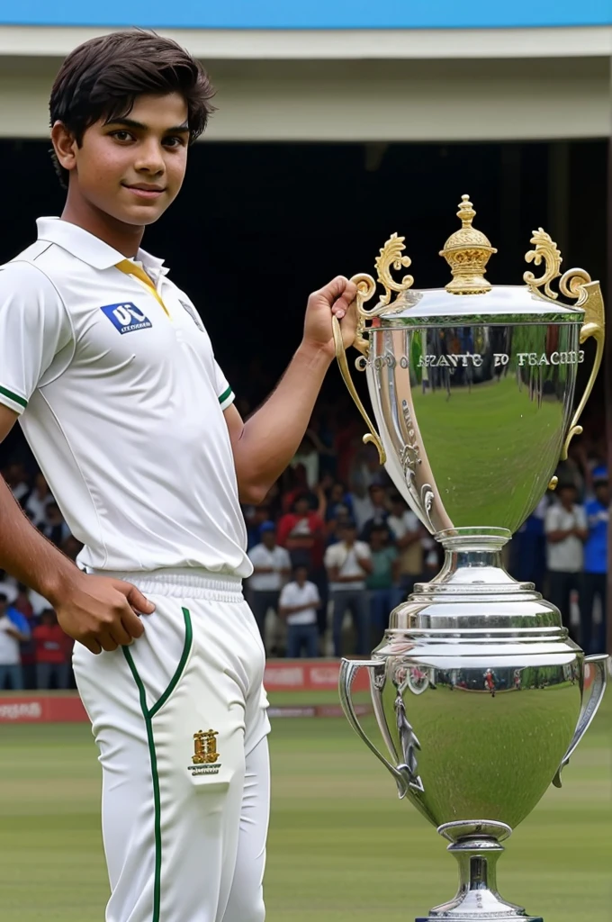 A boy cricketer gets a trophy real image