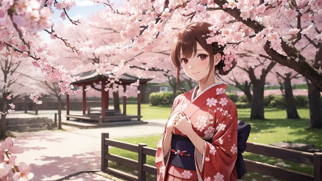 spring,beautiful girl,(One girl:1.3),High resolution,Super detailed,Sakura NS,Cherry tree,Red kimono,noon,and、Focus on the subtle details and atmosphere of the scene