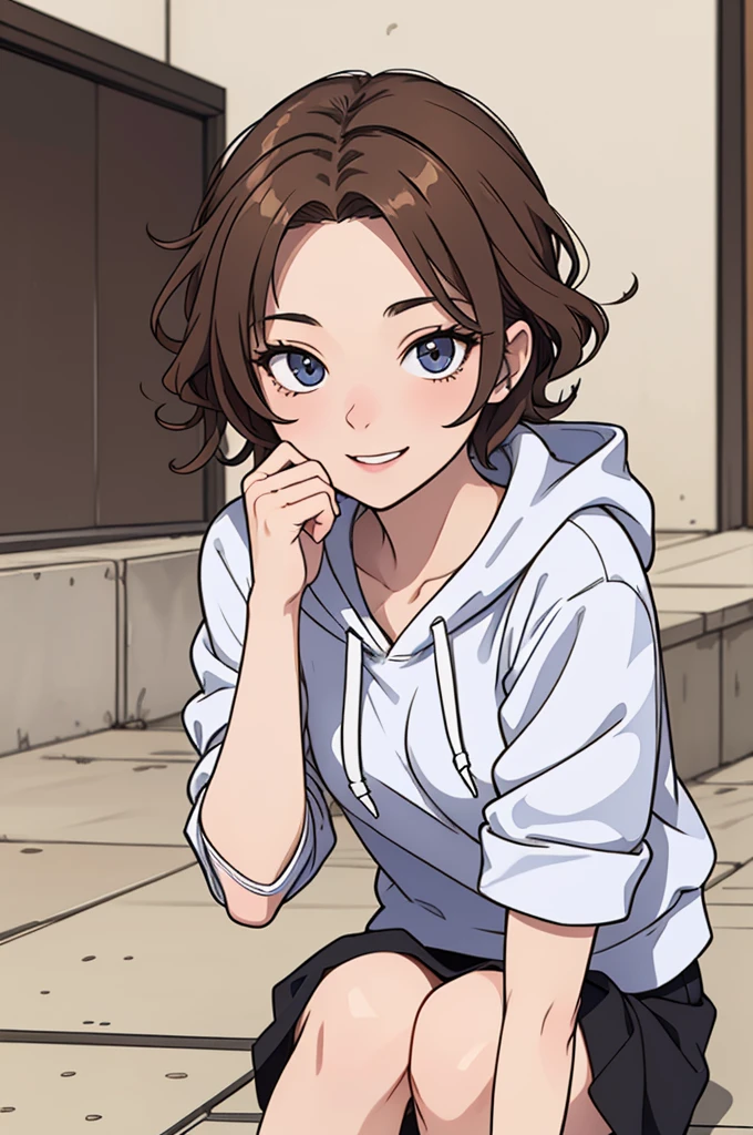 (((masterpiece, best quality, ultra highres, 1 girl, solo, no background))), super detailed skin and face and eyes and finger, beautiful japanese woman, small breasts:1.5, skinny, light brown hair, white background, very short curly pixie hair, (an illustration of girl), Knee shot, Generate with illustrations, Various expressions, Various poses, Please draw the entire character within the frame, ensuring that the head, arms, and legs are not cut off. The background should be simple, with the character positioned centrally, outline, anime, hoodie, laugh,