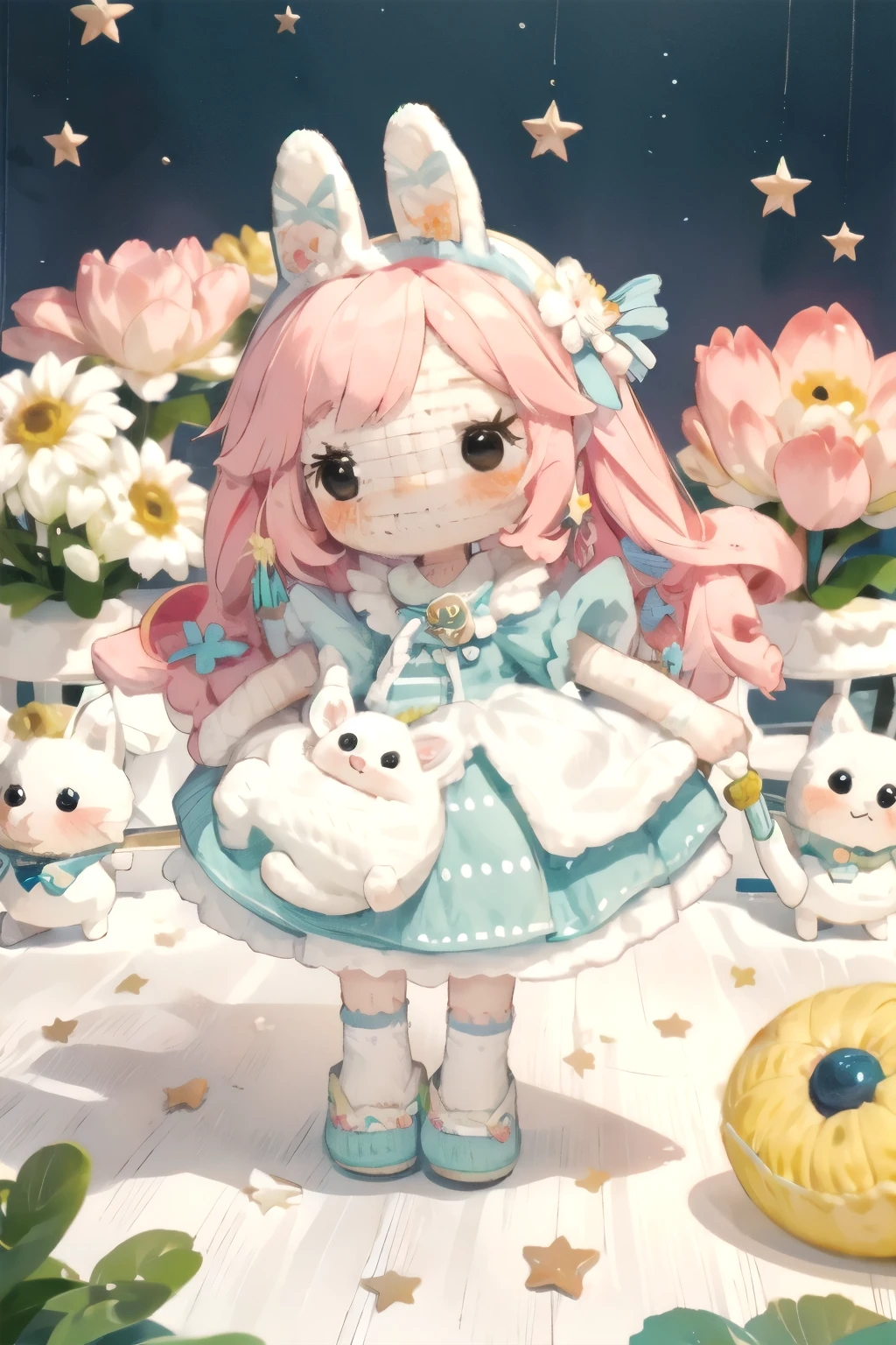 A dreamlike collaboration between a cute rabbit and a 、Girls in vibrant colors