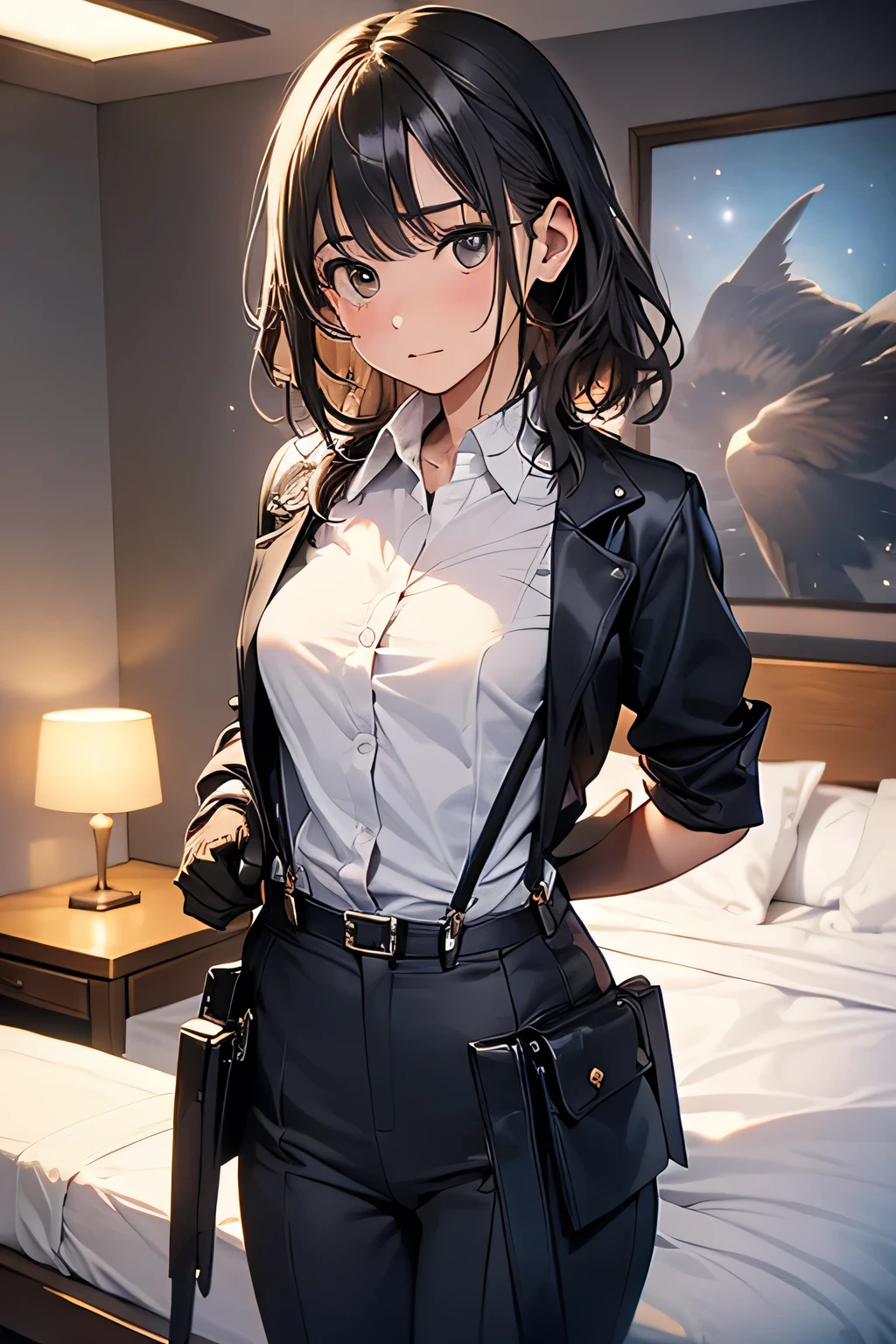 1 female, , high quality, masterpiece, Ultra-high resolution, , Cinema Lighting, , , And the suspenders with the cranes flying Moderate breasts Small face holster Lying in bed Looking up Sweat belt summer 脇Sweat Black Hole Gloves suit shirt Black jacket Black trousers Leg Links ズボンにbelt holster Hands behind your back Anxious expression Looking up Anxious face