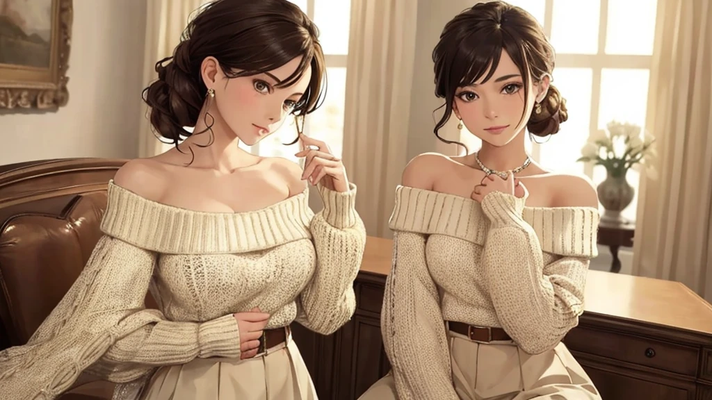 ((Highest quality)), ((masterpiece)), (detailed), One girl, Off-the-shoulder sweater,
