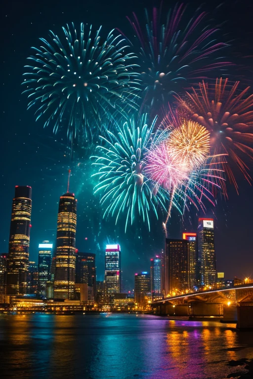 Highest quality、Landscape painting、firework、Neon lights in the city