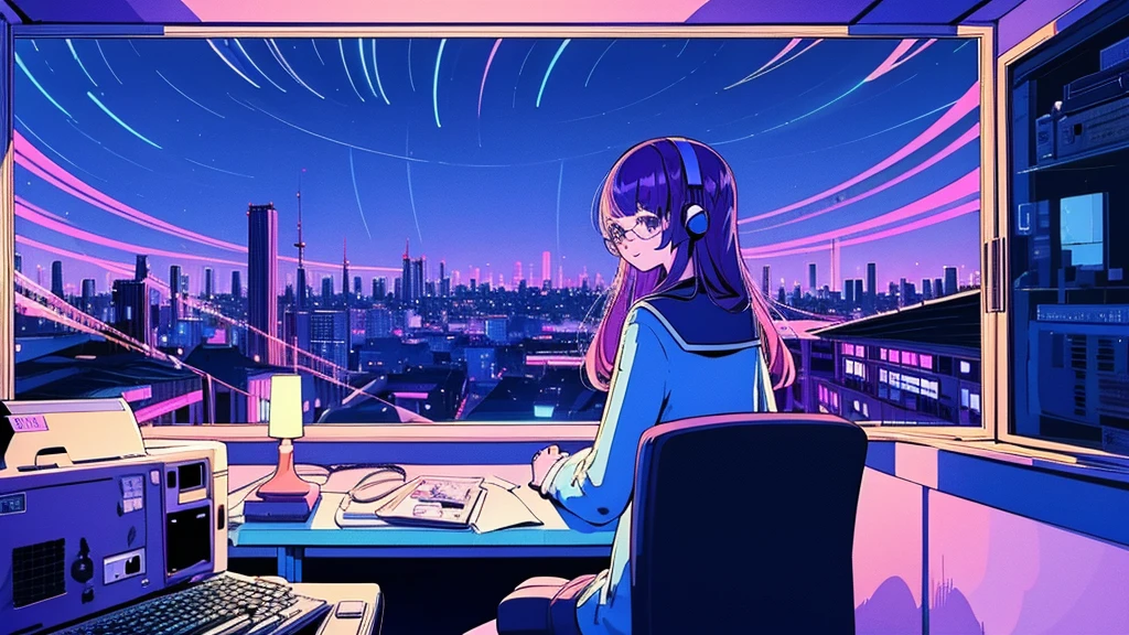 (from behind), Anime girl sitting in front of a computer in a cozy bedroom, Girl listening to music while studying in a cozy room (night), round glasses, Using headphones, on the roof, (beautiful night views from windows), lots of things, 2D anime style, The aesthetics of anime in the 90s, lo-fi, long hair, very detailed, Hard disk, A mix of anime style and Fujifilm, surreal, 8K, masterpiece, violet eyes,black gloves, round glasses, long sleeves,violet hair, Flat Chest, smile, pantyhose