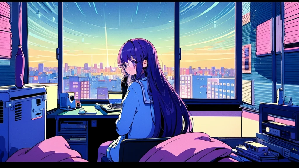 (from behind), Anime girl sitting in front of a computer in a cozy bedroom, Girl listening to music while studying in a cozy room (night), round glasses, Using headphones, on the roof, (beautiful night views from windows), lots of things, 2D anime style, The aesthetics of anime in the 90s, lo-fi, long hair, very detailed, Hard disk, A mix of anime style and Fujifilm, surreal, 8K, masterpiece, violet eyes,black gloves, round glasses, long sleeves,violet hair, Flat Chest, smile, pantyhose