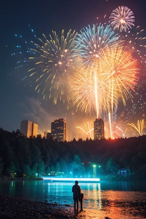 Highest quality、Landscape painting、firework、Neon lights in the city