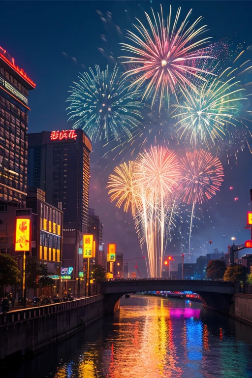 Highest quality、Landscape painting、firework、Neon lights in the city
