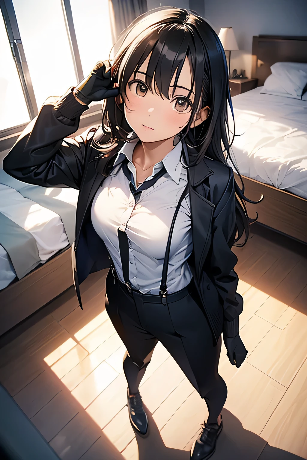 1 female, , high quality, masterpiece, Ultra-high resolution, , Cinema Lighting, , , And the suspenders with the cranes flying Moderate breasts Small face holster Lying in bed Looking up Sweat belt summer 脇Sweat Black Hole Gloves suit shirt Black jacket Black trousers Leg Links ズボンにbelt holster Hands behind your back Anxious expression Looking up Anxious face