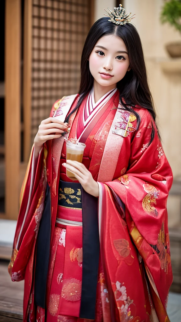 　A beautiful -yeld Jaese princess from the Sengoku period with long black hair　Gorgeous embroidery, Ultra glossy, She is wearing a shiny Edo-period princess kimono.　She takes out her nipples and squeezes out the milk