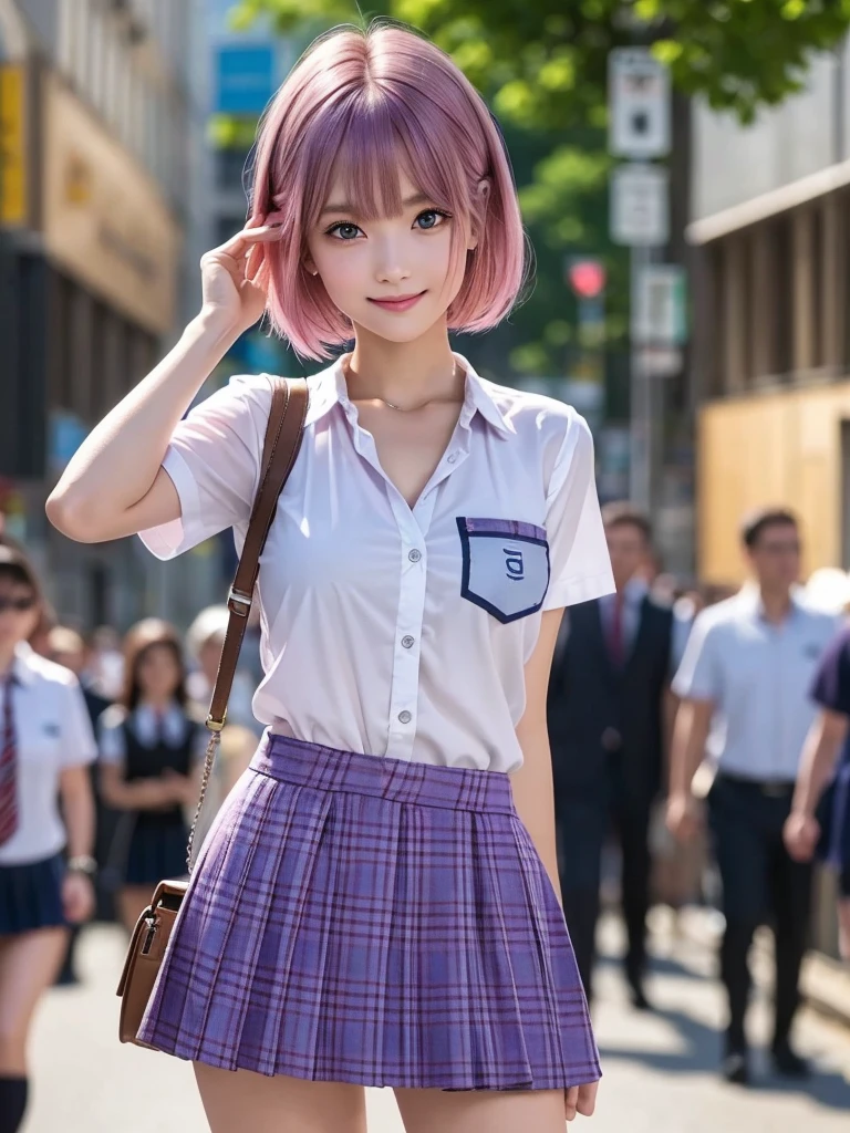 (8K, RAW Photos, Highest quality, masterpiece:1.2), (Realistic, photo-Realistic:1.4), (extremely detailed 8K wallpaper), ((Full Body Shot)), (((1 girl))), Sharp focus, Depth of written boundary, Cinematic lighting, Soft Light, (緻密な美しさのeye, eye_Chan, Very beautiful 17 year old girl, innocent big eyes, Realistic, photo Realistic, Highly detailed cute girl, (Thin thighs), (Model Body Type), (Pink Hair), (Short Bob Hair), (Asymmetrical bangs), ((A happy smile)), Glowing Skin, Ultra-dense skin ,High resolution, High Detail, Detailed hairstyle, Detailed facial beauty, hyper Realistic, Perfect limbs, Perfect Anatomy, Perfect female body, (school uniform:1.3),(Miniskirt Purple and blue checked micro mini skirt), Watching the audience, (Crowded city street:1.3)