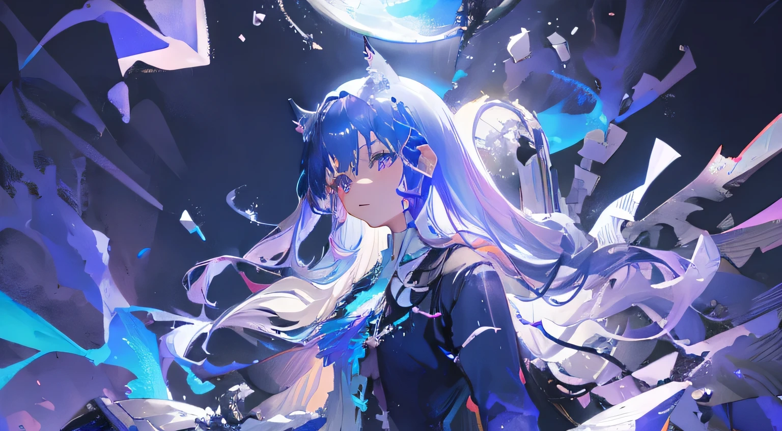 light blue、Purple gradient hair、light blueの目 Female devil inflammation devil Black Uniform