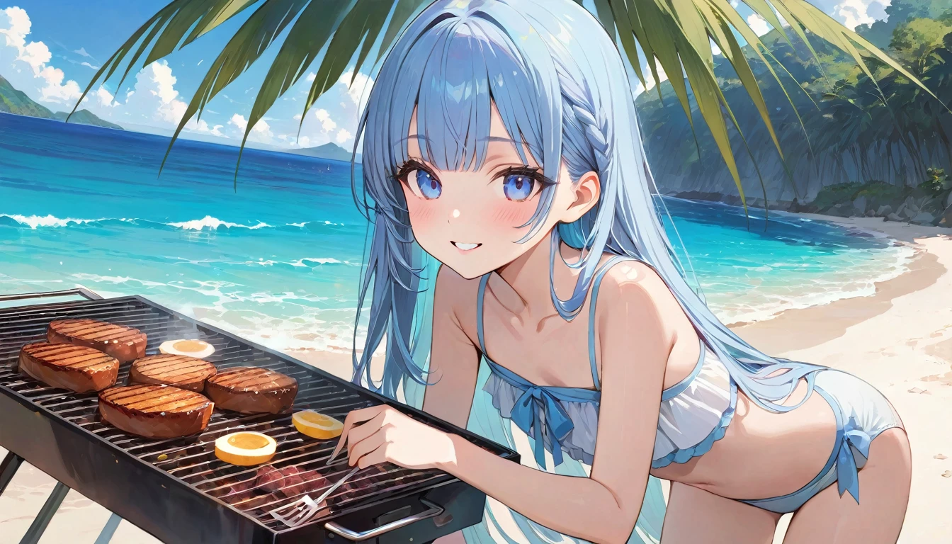 masterpiece, best quality, extremely detailed, (illustration, official art:1.1), 1 girl ,(((( light blue long hair)))), ,(((( light blue long hair)))),light blue hair, , long hair ((blush)) , cute face, big eyes, masterpiece, best quality,(((((a very delicate and beautiful girl))))),Amazing,beautiful detailed eyes,blunt bangs((((little delicate girl)))),tareme(true beautiful:1.2), sense of depth,dynamic angle,,,, affectionate smile, (true beautiful:1.2),,(tiny 1girl model:1.2),)(flat chest),(masterpiece, Highest quality:1.2), 1 Girl, alone,Eyes open,barbecue,Tropical atmosphere,Ocean