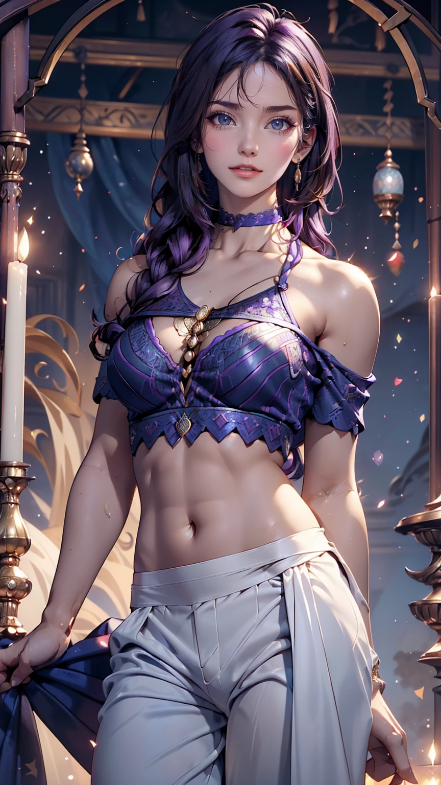 One girl, Off the shoulder, A light smile, Shiny skin, Highest quality, masterpiece, (Realistic:1.4)、Long eyelashes、Sexy proportions、Sexy、Oblique Neck((oblique neck))Wear tops、Sheer Aladdin pants((aladdin pants))wear、
Two Side Up((hair two side up))、Purple inner color((colored inner hair))