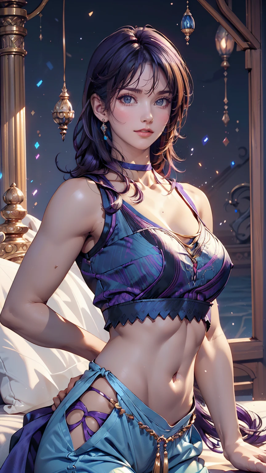 One girl, Off the shoulder, A light smile, Shiny skin, Highest quality, masterpiece, (Realistic:1.4)、Long eyelashes、Sexy proportions、Sexy、Oblique Neck((oblique neck))Wear tops、Sheer Aladdin pants((aladdin pants))wear、
Two Side Up((hair two side up))、Purple inner color((colored inner hair))