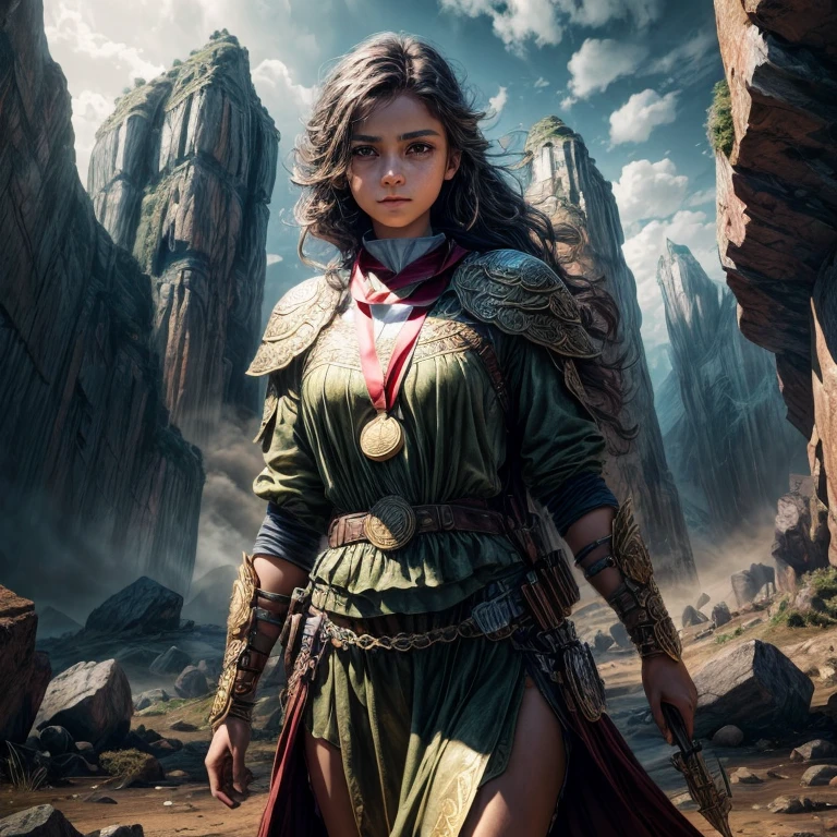 a beautiful young girl, heroic and brave, standing proudly with a (((bitcoin medal)) around her neck, surrounded by a stunning landscape, masterpiece, 8k, ultra HD, realistic, photorealistic, sharp focus, physically-based rendering, extreme detail description, professional, vivid colors, volumetric lighting, cinematic composition, dramatic lighting, epic fantasy, (((fantasy art-style))), digital art, concept art