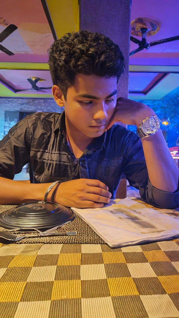 A BOY SET ON THE BLACK CAR IN THE FULL NIGHT . Boy shirt colour is black  with a lion 