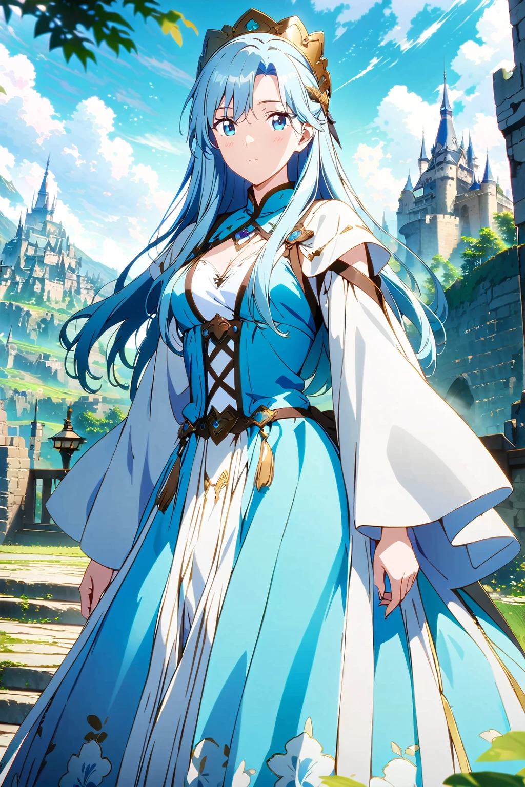 (超detailedなイラスト:1.2),Very delicate and beautiful,非常にdetailed,CG,Unity,8k wallpaper,wonderful,detailed,masterpiece,The best quality in the best condition,Official Art,非常にdetailed CG 8k Unbelievably ridiculous resolution,Beautiful and exquisite,High resolution,非常にdetailedな目と顔,Anime girl with long hair and blue eyes standing in front of a castle, Anime fantasy artwork, Beautiful fantasy anime, Fantasy art style, Beautiful maiden,
