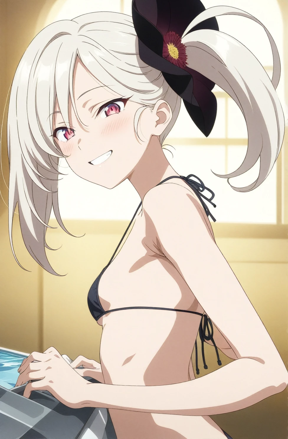 best quality, amazing quality, very aesthetic, absurdres, (1girl, mutsuki, blue archive, solo, red eyes, white hair, side ponytail), (realistic face:0.9),(string bikini:1.8),dress lift, (grin, blush, thigh:1.3), (cowboy shot), (glowing eyes), (half closed eyes:0.9), (from side:2), (official art:1.3), (pool), (expressive eyes, perfect face, 4k, extremely detailed anime illustration, extremely detailed eyes:1.2), perfect anatomy, light rays, extremely delicate body, smooth skin, (school background:1.5), clear eyes, beautiful face, small breasts,(anime style:1.7), (Warm Light:1.5), (highres:2),