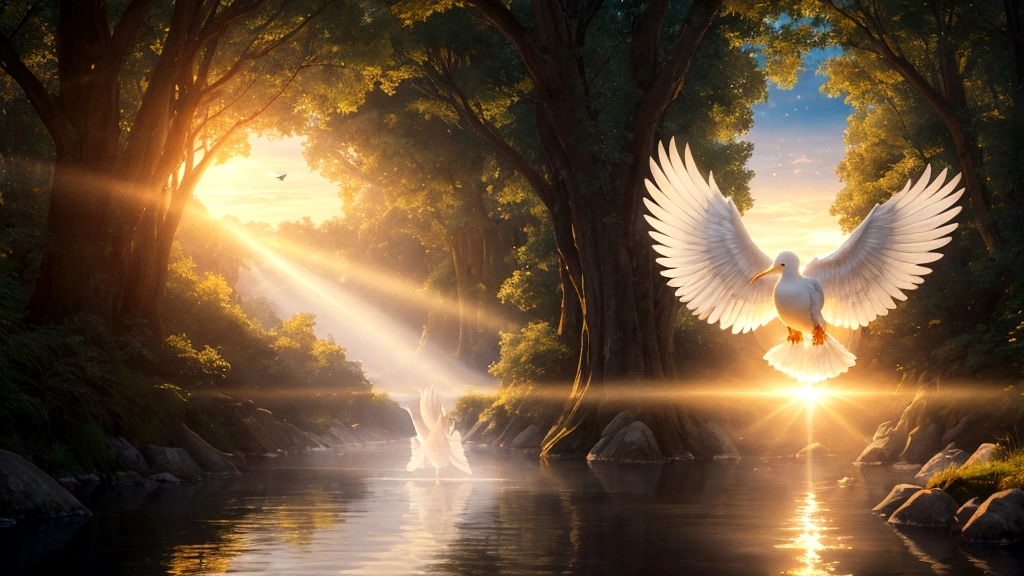 "A serene and mystical depiction of a soul gently rising from a lifeless body, surrounded by a soft, ethereal glow. The scene is set in a peaceful, natural environment with a tranquil river and a golden sunset. The soul appears as a translucent, radiant figure ascending towards the sky, guided by angelic beings. Symbols of peace and divine light, such as doves and beams of sunlight, emphasize the soul's transition from the physical realm to the spiritual dimension. This visual captures the moment of departure and the beginning of the soul's journey."