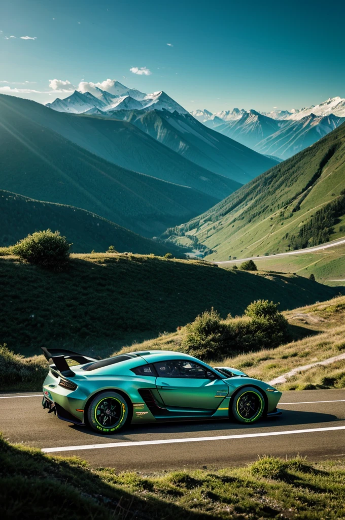 Generate a cyberpunk car.Realistic photo in high quality.A sports racing car rushes at high speed along the slope of a high mountain.At the very edge of the cliff.The car must be metallic light green color.Draw a soaring eagle in the sky.
