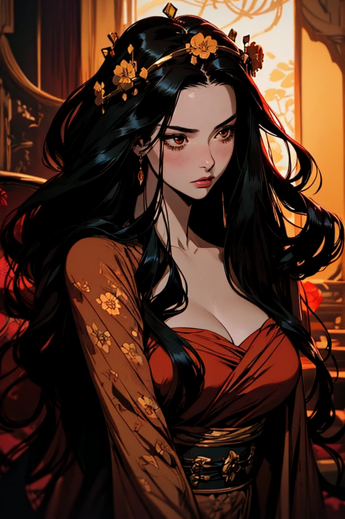 hyper-realistic of a mysterious woman with flowing black hair, brown eyes, and a gold floral crown, upper body, red theme