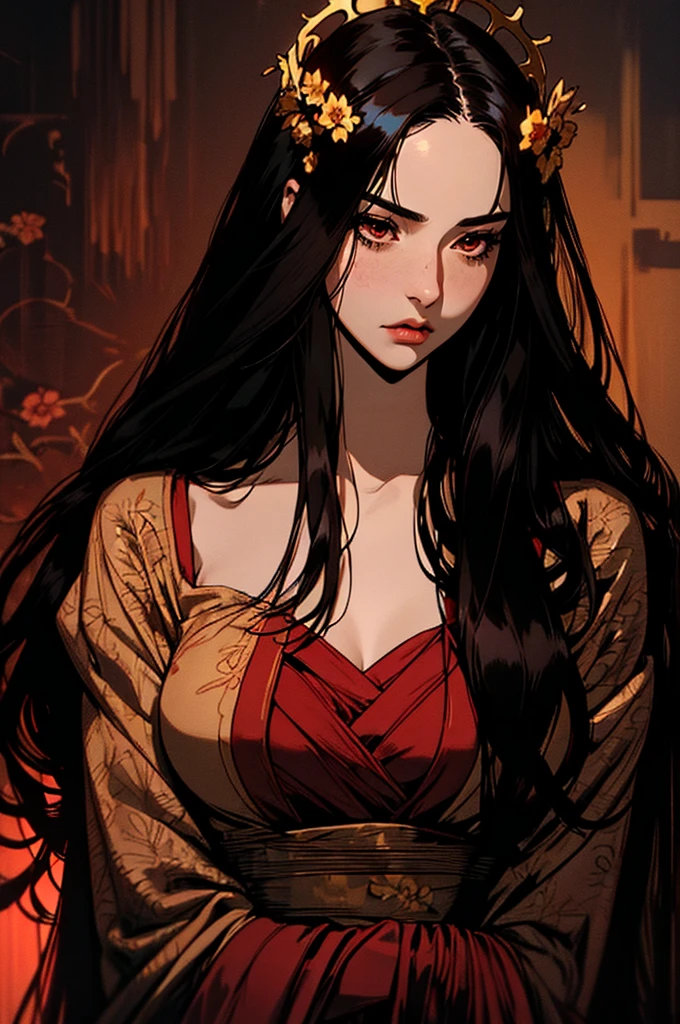 hyper-realistic of a mysterious woman with flowing black hair, brown eyes, and a gold floral crown, upper body, red theme