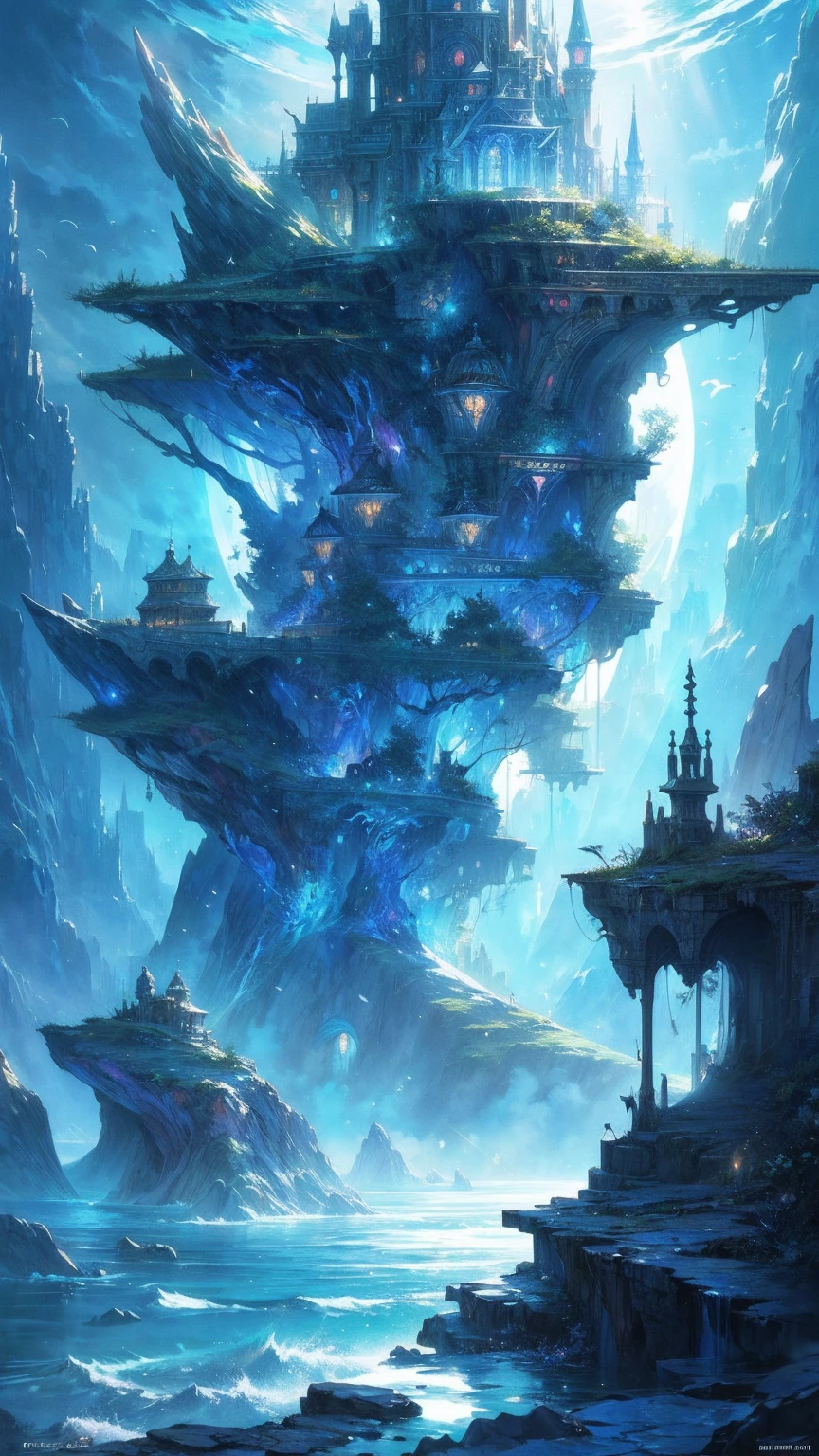 A painting of a fantasy world beyond dimension,The underwater world,Atlantis,Science fiction,illumination,Studio Ghibli,Unreal Engine,Epic Composition,CG digital rendering,Ultra HD,The technology is very detailed,Tri-color color scheme