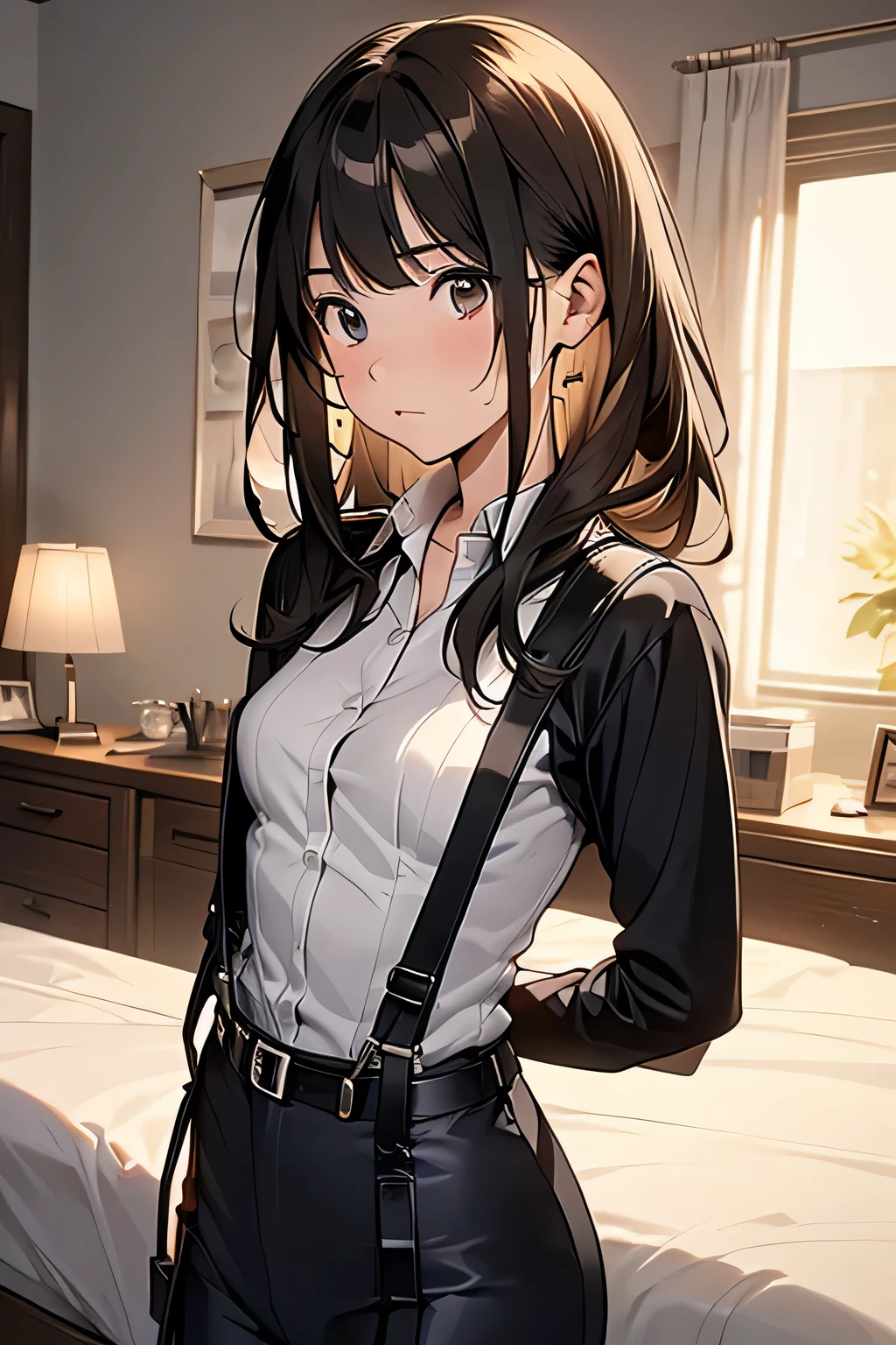 1 female, , high quality, masterpiece, Ultra-high resolution, , Cinema Lighting, , , And the suspenders with the cranes flying Moderate breasts Small face holster Lying in bed Looking up Sweat belt summer 脇Sweat Black Hole Gloves suit shirt Black jacket Black trousers Leg Links ズボンにbelt holster Hands behind your back Anxious expression Looking up Anxious face