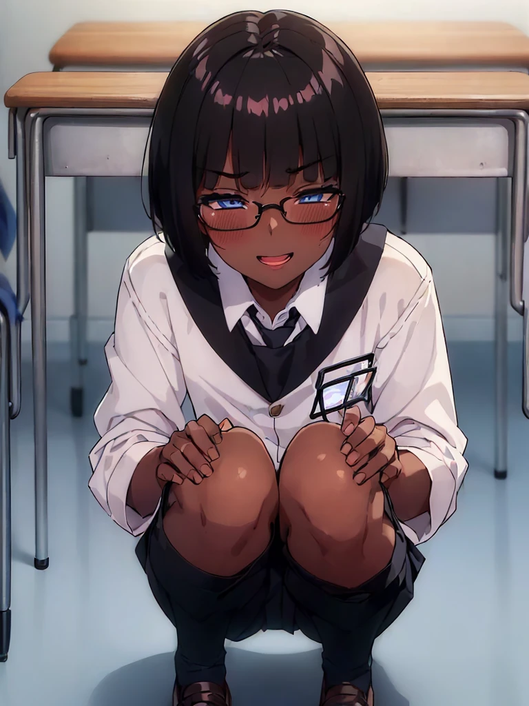 (1 feminine boy solo:1.7),(dark skin:1.5),(masterpiece:1.2), highest quality, High resolution, unity 8k wallpaper, (fine and beautiful eyes:1.6), highly detailed face, perfect lighting, Detailed CG, (perfect hands, perfect anatomy),20 years old, (black hair:1.3), detailed eyes, best quality, extremely detailed, very precise detailed, (glasses:1.4), (blunt bangs:1.5), (open mouth:1.2), (short hair:1.5), (evil smile:1.4), , (half closed eyes:1.3) ,long sidelocks, (blush:1.3),(squatting1.3),(Put left knee in front:1.5),(school uniform pant:1.5),