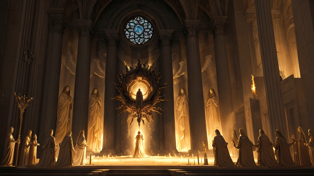 "A powerful representation of the soul reaching its final destination in the afterlife. On one side, the radiant gates of Heaven open to reveal a glorious, divine city filled with light, joy, and the presence of God. On the other side, a shadowy, ominous pathway leads to the dark, fiery depths of Hell, emphasizing the consequences of sin. The soul, depicted in a moment of judgment, is surrounded by angelic figures and divine light, illustrating the pivotal moment of deciding its eternal fate. This visual highlights the biblical themes of divine judgment, eternal reward, and punishment."