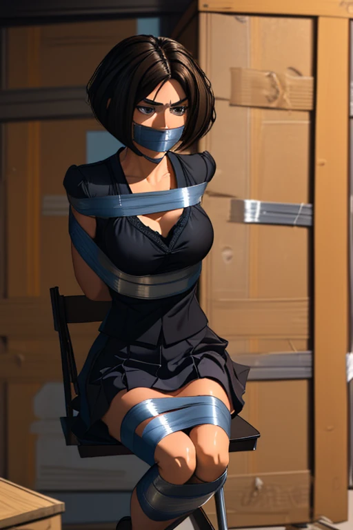 (Masterpiece, Best quality, Top quality, Intricate details, Beautiful, aesthetic:1.2), high quality, 8k, .RAW, Ultra details, extremely luscious and beautiful, Real shadow, (Challenging look), (dynamic pose:1.8 ), photorealistic, Very detailed painting, Award-winning painting, Wonderful painting, Artistic style, stylized,(masterpiece, best quality, highres) Highest quality, masterpiece, high resolution, 8k, cinematic lighting, sharp resolution, 1 woman with chin length hair, short hair, dark bob cut, thick hair, center part, stacked bob, voluminous hair, luxurious hair, in her 30s, purple blouse, knee length, skirt, dark stockings, and calf boots, baggy blouse, wrinkled clothing, detailed face, looking at viewer, focus on face, photo realistic, character, video game cut scene, smooth, anime, detailed face, perfect skin, beautiful, Insanely detailed, close up, taped mouth, ((tape gag): 1.4), gag, ((gagged)), (((arms bound behind back))), elbows taped, wrists taped,, tied to chair, chair tied, in an abandoned storage unit decaying walls, frightened, pleading eyes, desperate escape attempt, stalker, , true crime, peril, impending