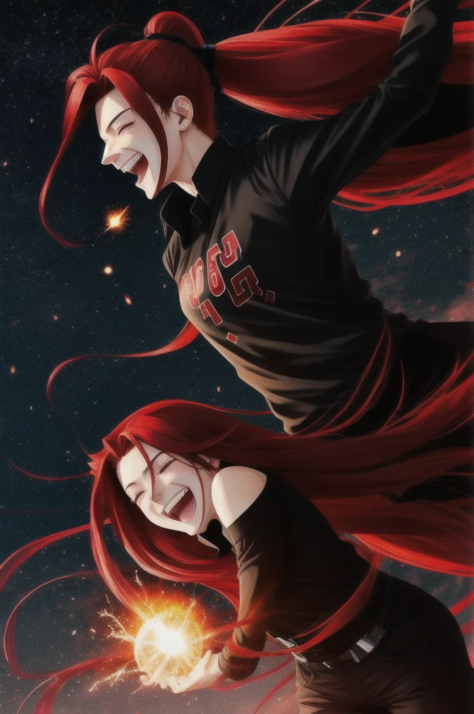 Anime androgynous person, adult, red long hair, in ponytail, laughing menacingly, meteor falling, wearing black shirt with red outer