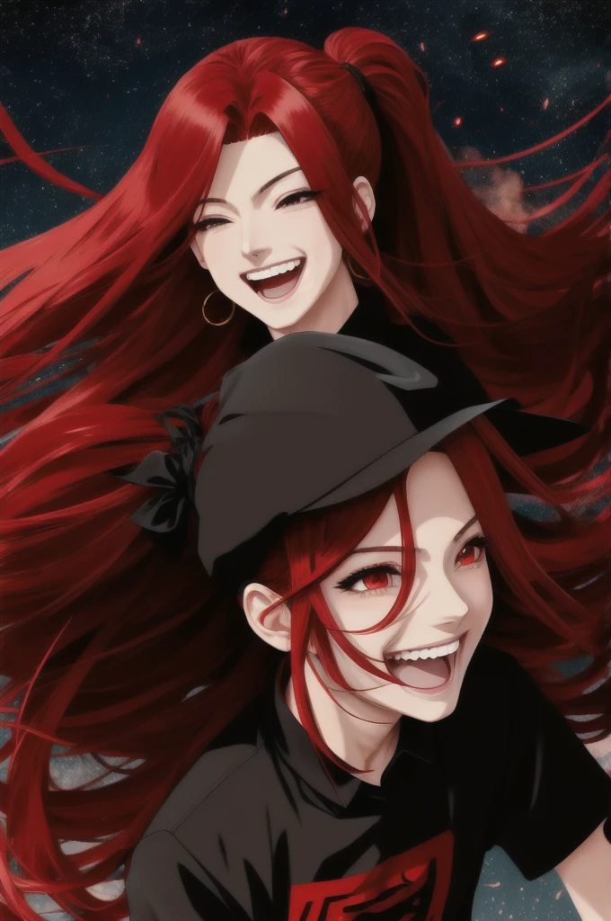 Anime androgynous person, adult, red long hair, in ponytail, laughing menacingly, meteor falling, wearing black shirt with red outer