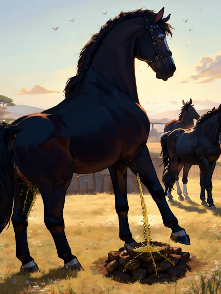 fat Feral draft horses mares (horse pussy, pussy juice). stallions (erect penis), grass meadow, big butt, (urine:2.1) flooding ground, open anus emitting yellow vapour jet. overhead midday sun. piles of horse (dung:2.1} and manure on ground around horse. 3/4 side view looking down on horse. viewed from 2000 metres away. Being ridden by a BBW African woman.