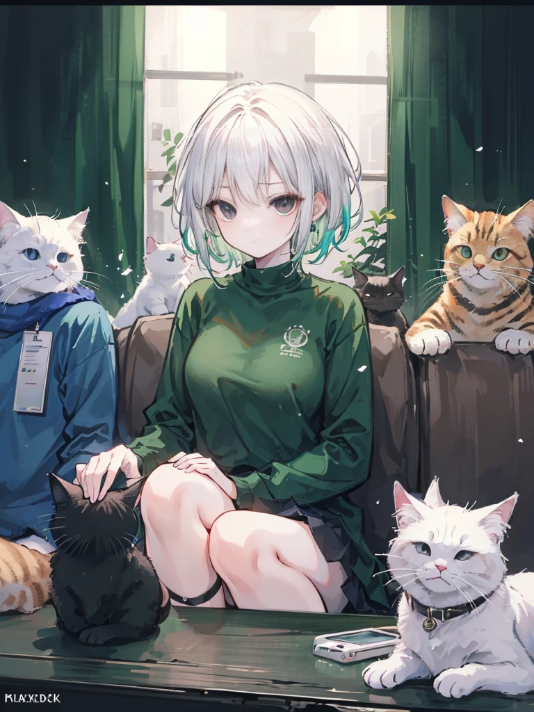 Ultra HD, (4k, masterpiece, best quality), Water Magic Bisim, electronic, internet, maxiskit, dressed in conservative 1 cool girl, alone, green hair, long hair, white, cat, many cats close to girl, watching the audience, teasing, (masterpiece, best quality), (1 girl), (solo), (female focus), (Ahog, white hair, short hair), black eyes, (green shirt),