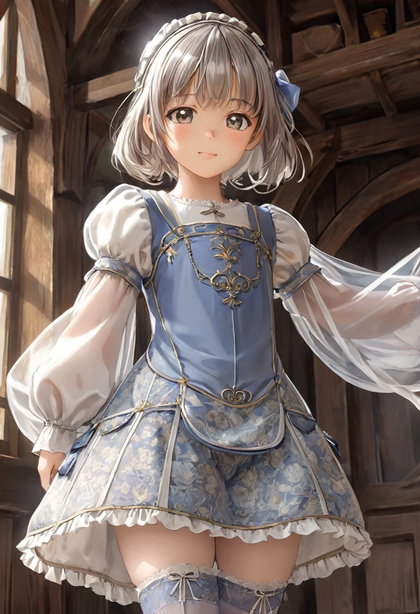 10 year old girl underwear, Realistic panties made from patterned cotton fabric, Medieval one-piece dress with panniers, Fabric Realism, Low - Angle, You can see the drawer, Pull up the dress by hand, Semi-transparent bloomers, Strong winds, Translucent slip, Translucent slip, tights, Highest quality, Crotch close-up, whole body