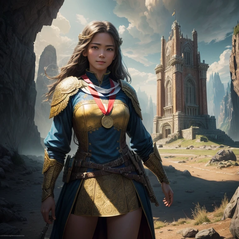 a beautiful young girl, heroic and brave, standing proudly with a (((bitcoin medal)) around her neck, surrounded by a stunning landscape, masterpiece, 8k, ultra HD, realistic, photorealistic, sharp focus, physically-based rendering, extreme detail description, professional, vivid colors, volumetric lighting, cinematic composition, dramatic lighting, epic fantasy, (((fantasy art-style))), digital art, concept art
