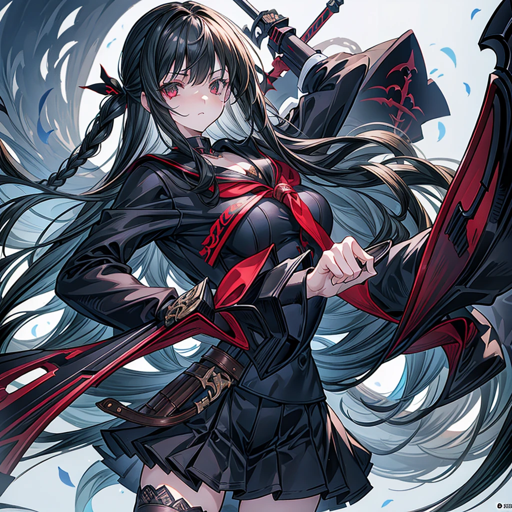 Highest quality、masterpiece、Official Art、The best configuration、A high school girl vampire hunter wearing a black sailor uniform、I have the Grim Reaper&#39;s size、Wind、Deep Focus,Absurd、Detailed eyes and face、Blood splatter、Blood is dripping from the scythe、He threatened Hideo.、
Grim Reaper's size、